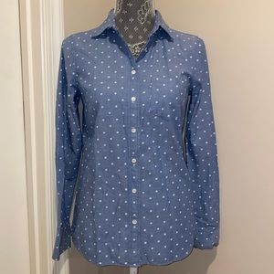 J.Crew denim and white polka dot button up top size 00 NWT